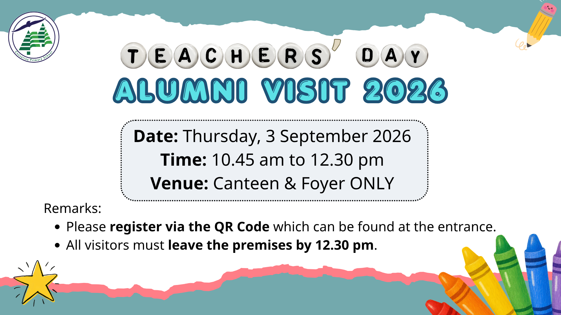 Meet the Teachers session on Thursday, 3 September 2026, from 10.45 am to 12.30 pm at the school canteen and foyer. Visitors must register using the QR code at the entrance and leave the school premises by 12.30 pm